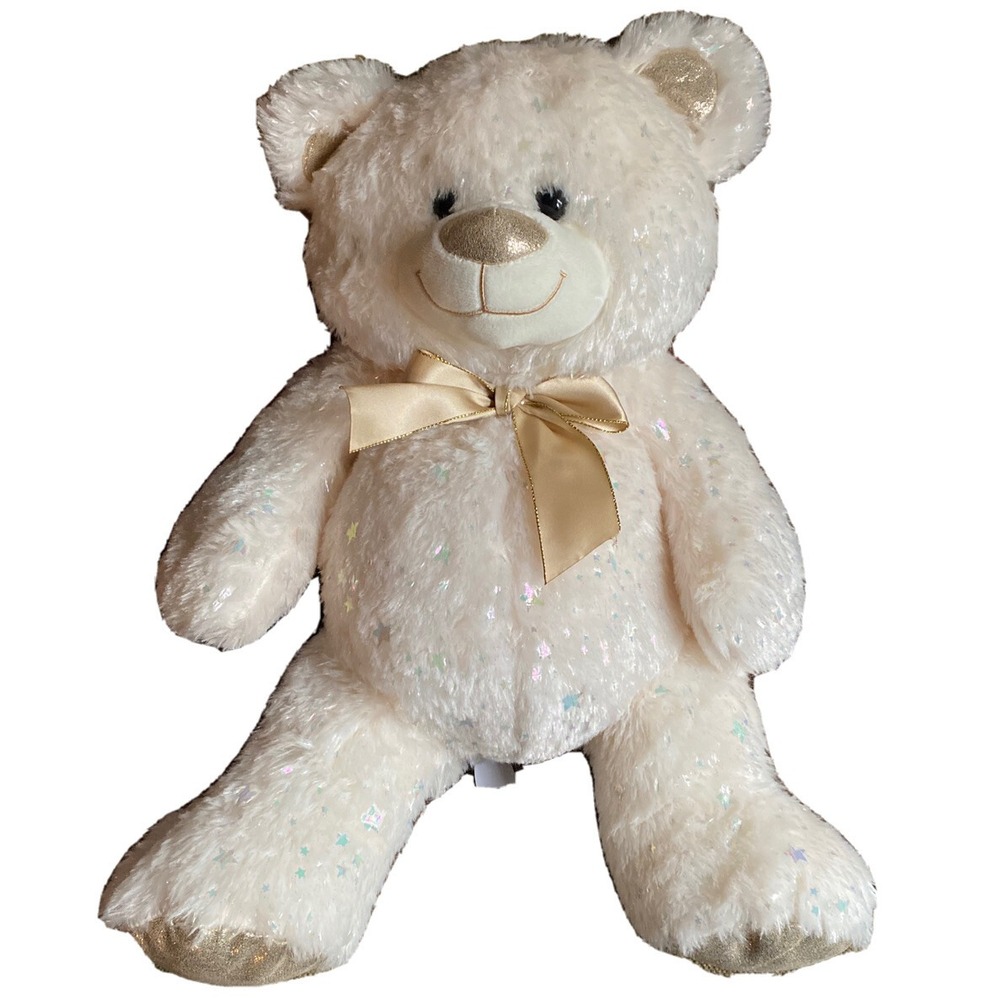 Wal Mart Teddy Bear Plush Ivory Gold Shimmer Stars Gold Ribbon Bow Stuffie 17"